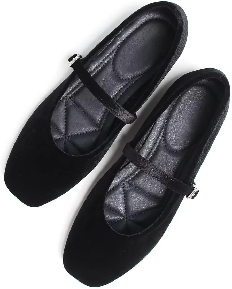Hee grand Velvet Mary Jane Flats for Women Dressy Comfortable Square Toe Ballet Flats with Buckle Strap Retro Mary Jane Shoes