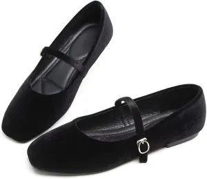 Hee grand Velvet Mary Jane Flats for Women Dressy Comfortable Square Toe Ballet Flats with Buckle Strap Retro Mary Jane Shoes