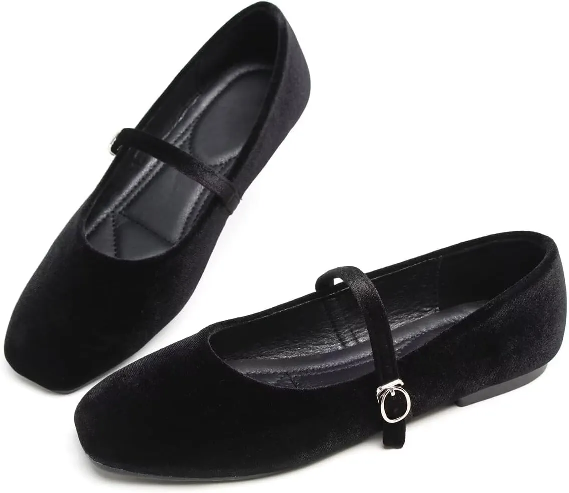 Hee grand Velvet Mary Jane Flats for Women Dressy Comfortable Square Toe Ballet Flats with Buckle Strap Retro Mary Jane Shoes