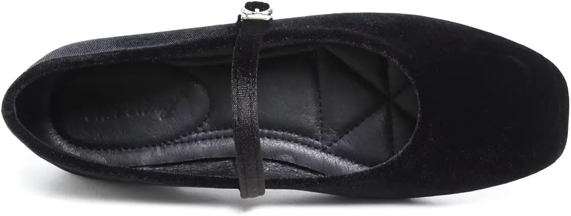 Hee grand Velvet Mary Jane Flats for Women Dressy Comfortable Square Toe Ballet Flats with Buckle Strap Retro Mary Jane Shoes