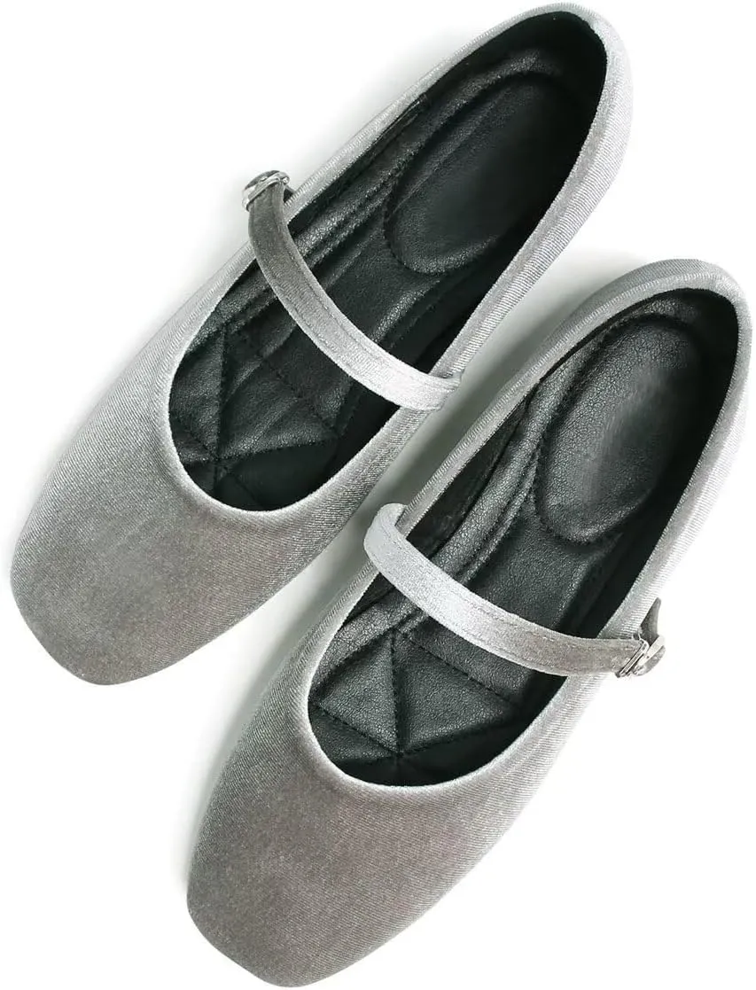 Hee grand Velvet Mary Jane Flats for Women Dressy Comfortable Square Toe Ballet Flats with Buckle Strap Retro Mary Jane Shoes