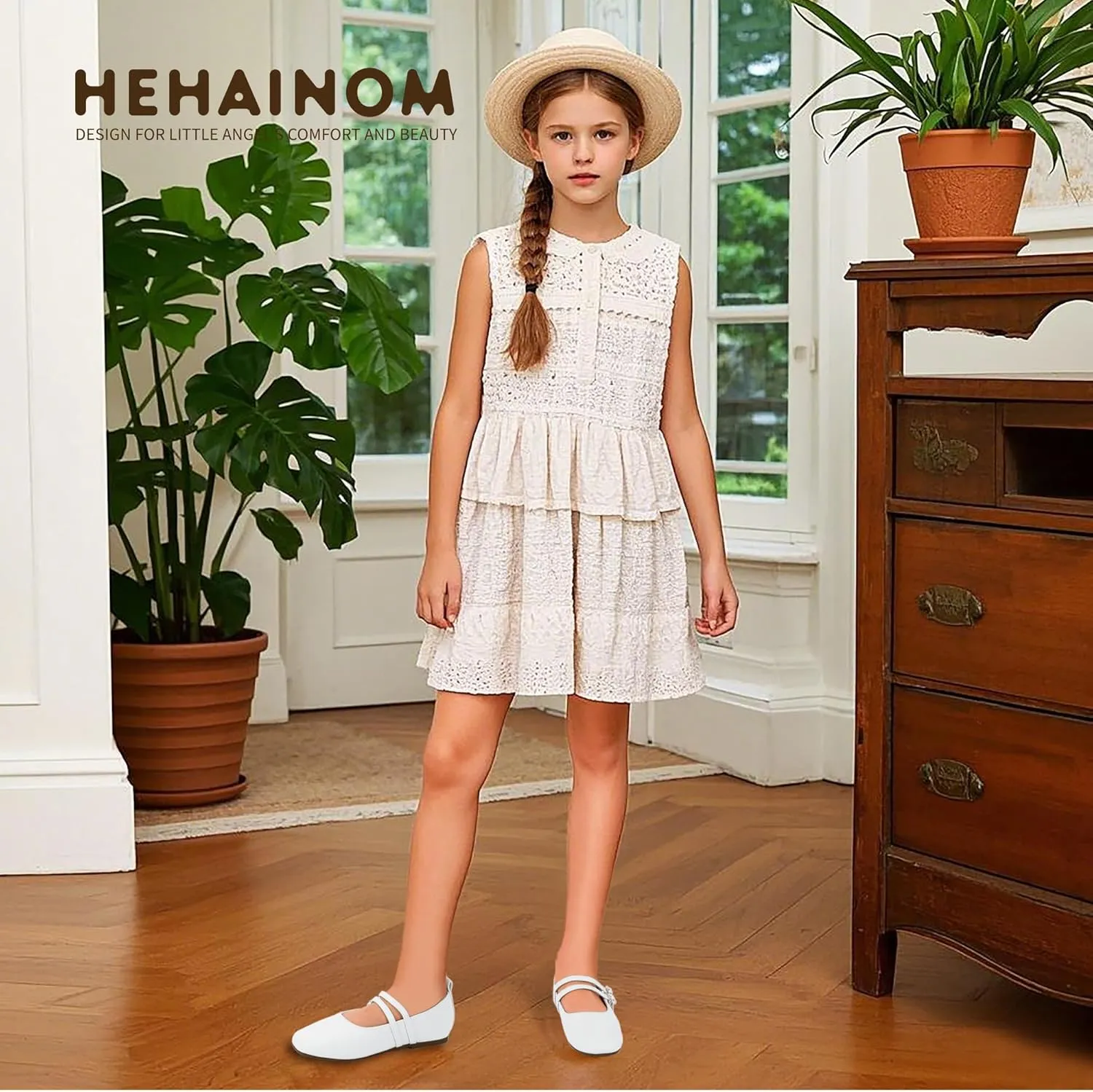 Hehainom Girls Dress Shoes Rhinestone Square Toe Toddler Flower Girl Ballet Flats Little Big Kids Mary Jane School Party Wedding Shoes