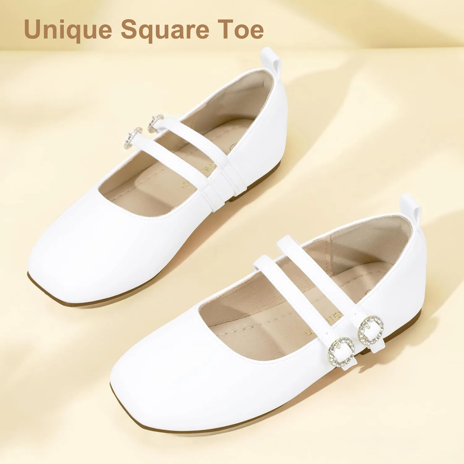 Hehainom Girls Dress Shoes Rhinestone Square Toe Toddler Flower Girl Ballet Flats Little Big Kids Mary Jane School Party Wedding Shoes