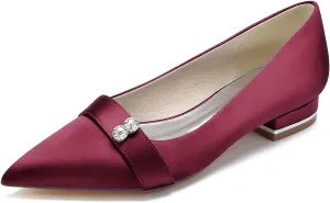 HNVAVQ Low Heel Wedding Shoes Elegant Pointed Toe Satin Dress Flats Shoes with Rhinestones Slip on Ballet Flats