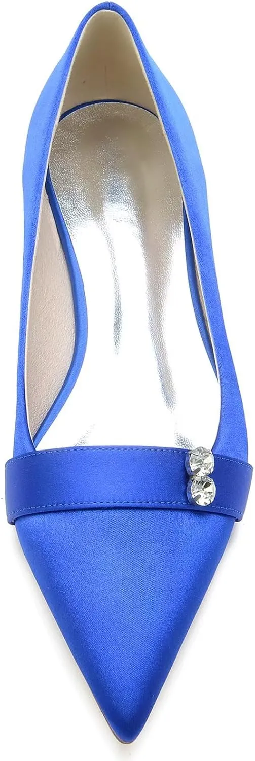 HNVAVQ Low Heel Wedding Shoes Elegant Pointed Toe Satin Dress Flats Shoes with Rhinestones Slip on Ballet Flats
