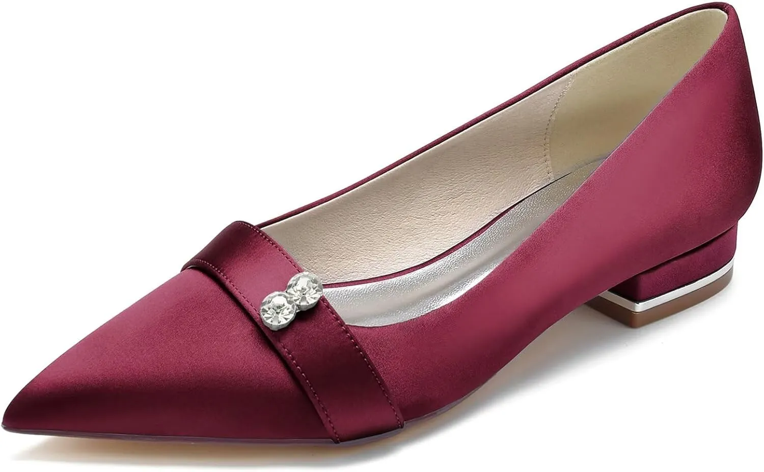 HNVAVQ Low Heel Wedding Shoes Elegant Pointed Toe Satin Dress Flats Shoes with Rhinestones Slip on Ballet Flats