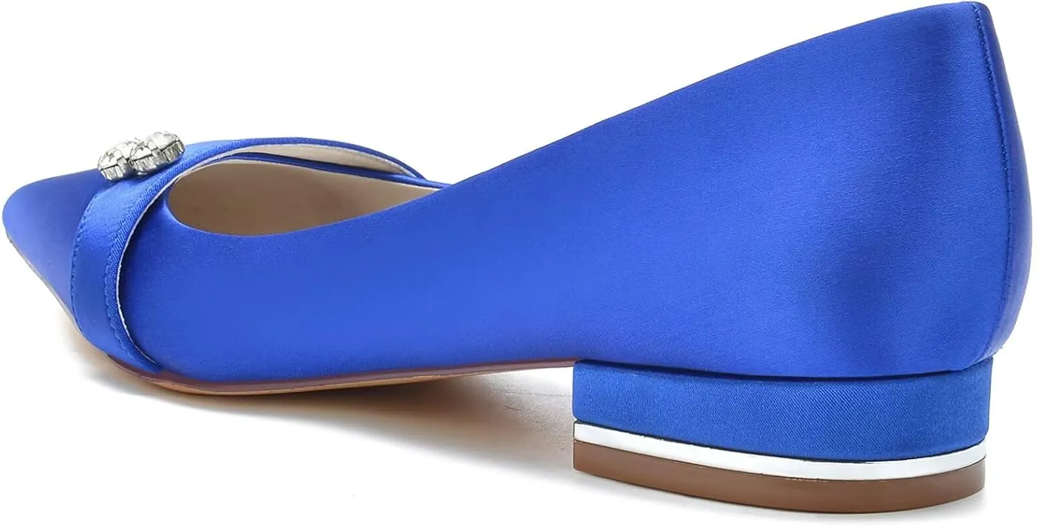 HNVAVQ Low Heel Wedding Shoes Elegant Pointed Toe Satin Dress Flats Shoes with Rhinestones Slip on Ballet Flats