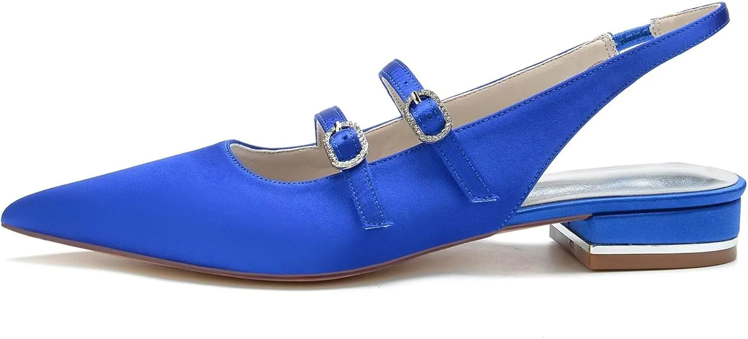 HNVAVQ Women's Flat Shoes Pointed Toe Strappy Slingback Ballet Flats Wedding Office Work Bridal Formal Dress Shoes for Women Comfortable Cute Ladies Satin Flats Low Heels Pumps