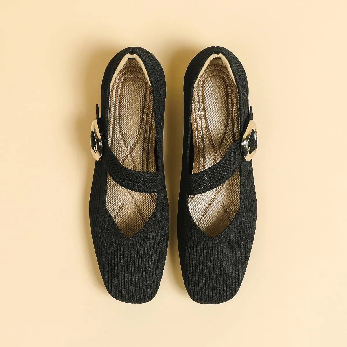 HROYL Women Square Toe Mary-Jane Knit Flats Shoes Casual Office Business Dressy Shoes Model XTZ-2024-1