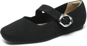 HROYL Women Square Toe Mary-Jane Knit Flats Shoes Casual Office Business Dressy Shoes Model XTZ-2024-1