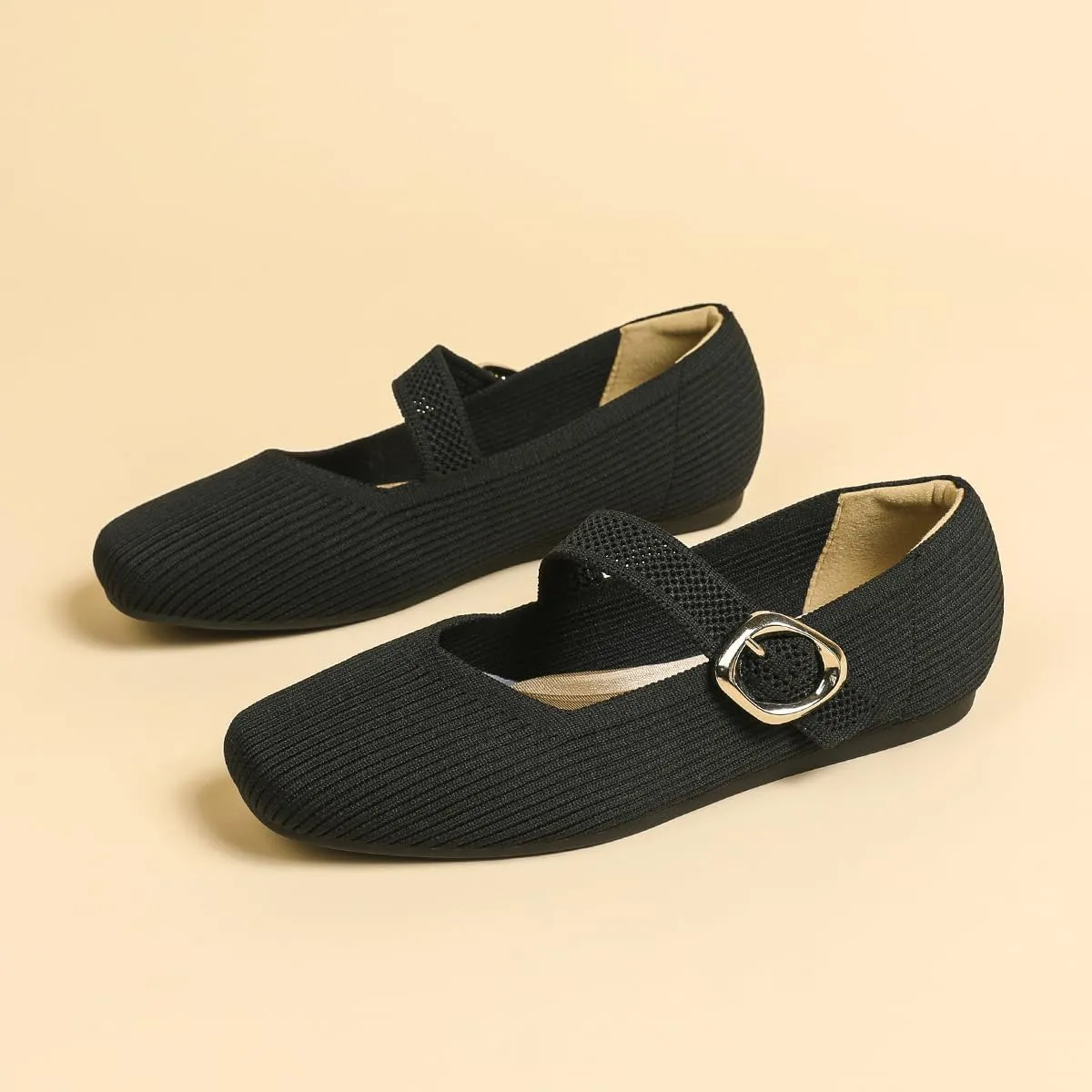 HROYL Women Square Toe Mary-Jane Knit Flats Shoes Casual Office Business Dressy Shoes Model XTZ-2024-1