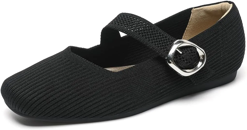HROYL Women Square Toe Mary-Jane Knit Flats Shoes Casual Office Business Dressy Shoes Model XTZ-2024-1