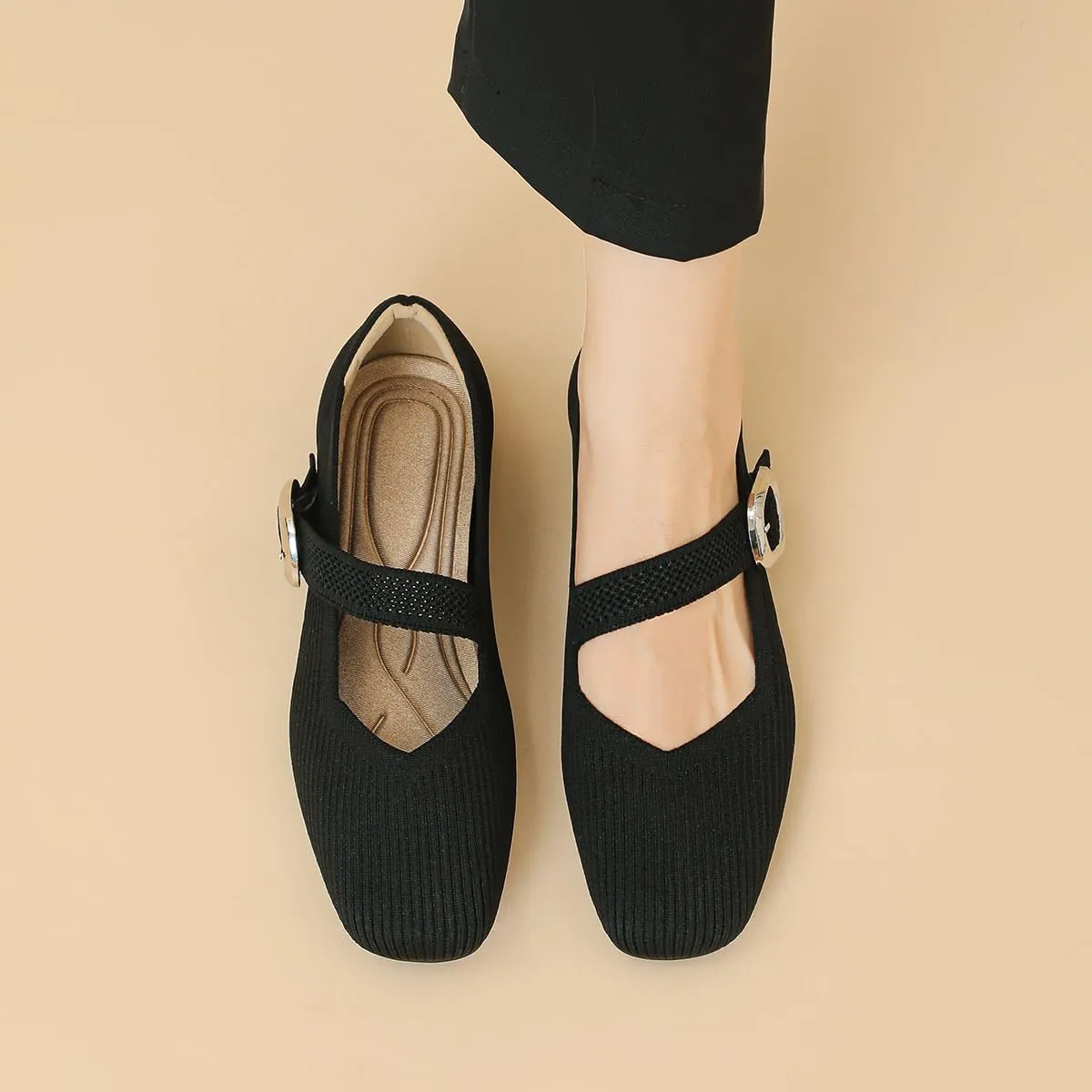 HROYL Women Square Toe Mary-Jane Knit Flats Shoes Casual Office Business Dressy Shoes Model XTZ-2024-1