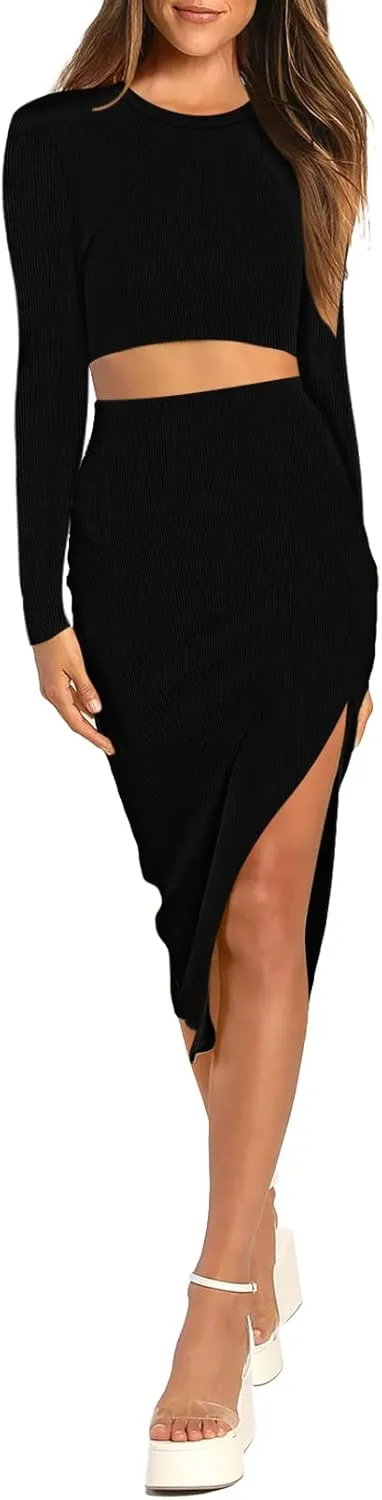 HUUSA 2 Piece Dress for Women Sexy Sleeveless Slim Bodycon Split Midi Dresses Casual Crewneck Tank Tops High Waist Skirt Sets