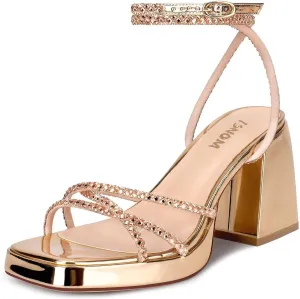 ISNOM Platform Heels for Women Comfortable Strappy Heels Short Block Chunky Sandals Ankle Strap Simple Summer Heeled Sandals Square Open Toe for Wedding Work Party Dressy Prom