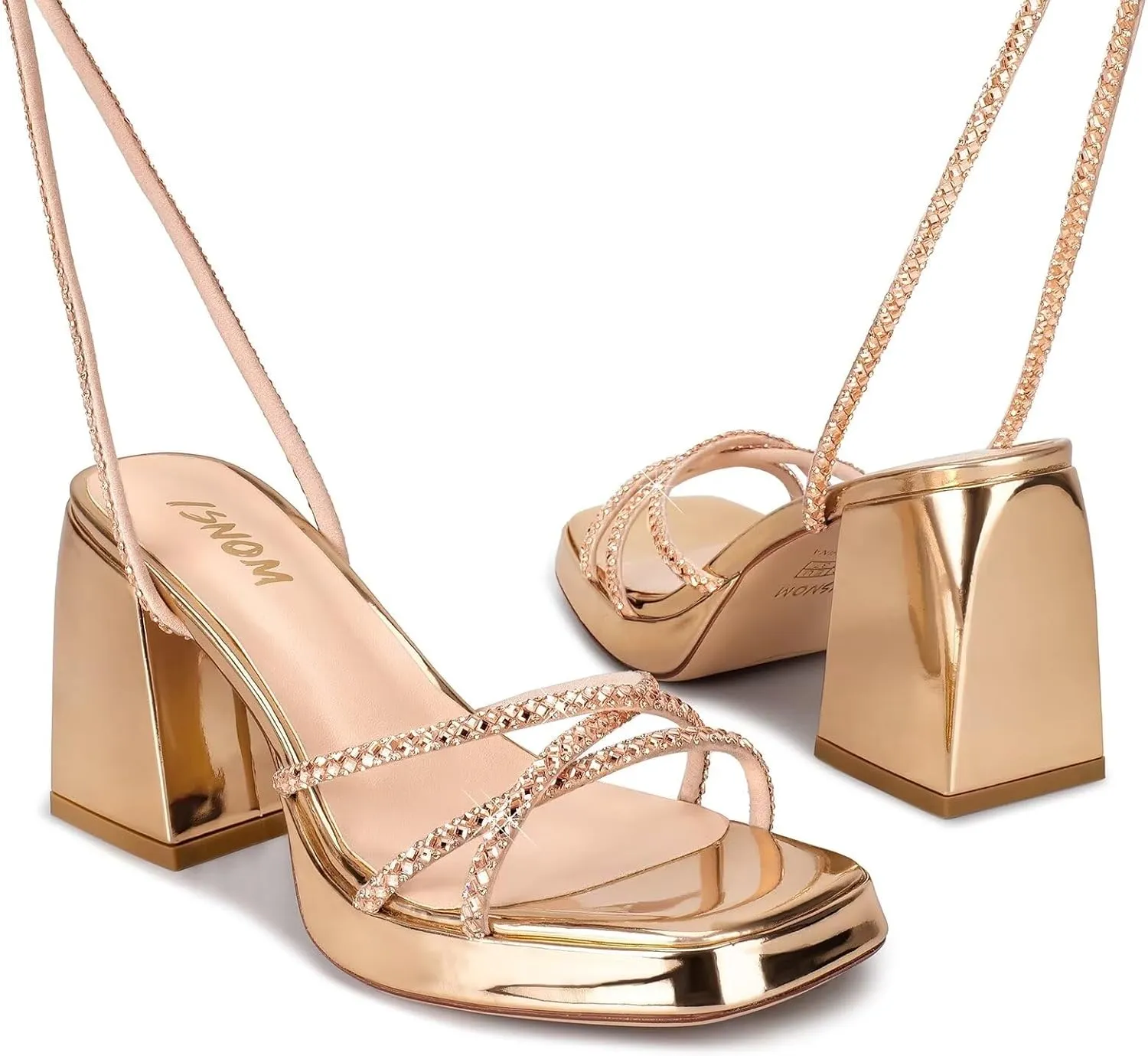ISNOM Platform Heels for Women Comfortable Strappy Heels Short Block Chunky Sandals Ankle Strap Simple Summer Heeled Sandals Square Open Toe for Wedding Work Party Dressy Prom