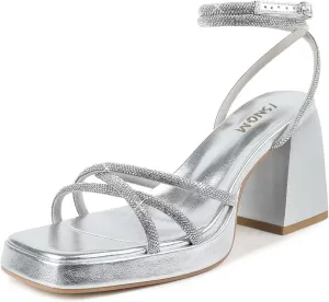ISNOM Silver Platform Heels for Women Comfy Strappy Heels Short Block Chunky Sandals Ankle Strap Simple Summer Heeled Sandals Square Open Toe for Wedding Work Party Dress Prom,Silver,Size 9