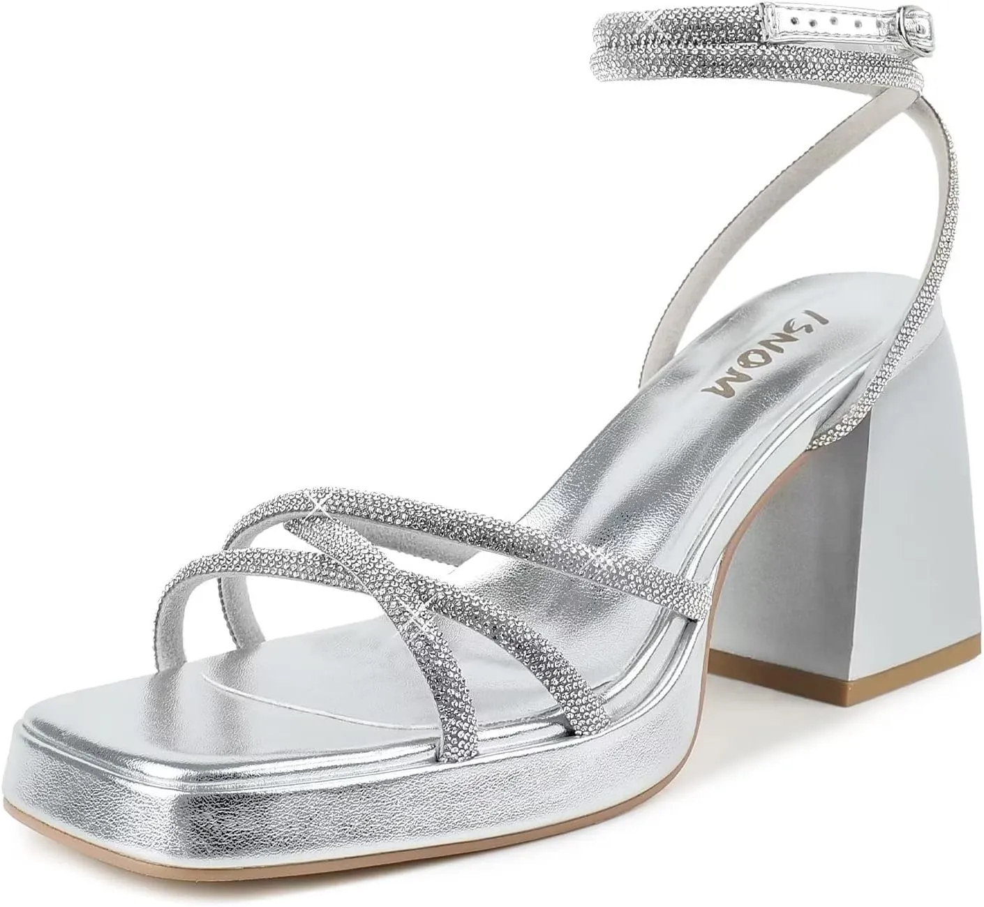 ISNOM Silver Platform Heels for Women Comfy Strappy Heels Short Block Chunky Sandals Ankle Strap Simple Summer Heeled Sandals Square Open Toe for Wedding Work Party Dress Prom,Silver,Size 9
