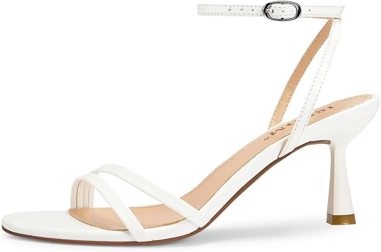 ISNOM Womens Sandals Round Toe Low Heels Strappy Ankle Strap Kitten Heel Comfort Dress Party Shoes