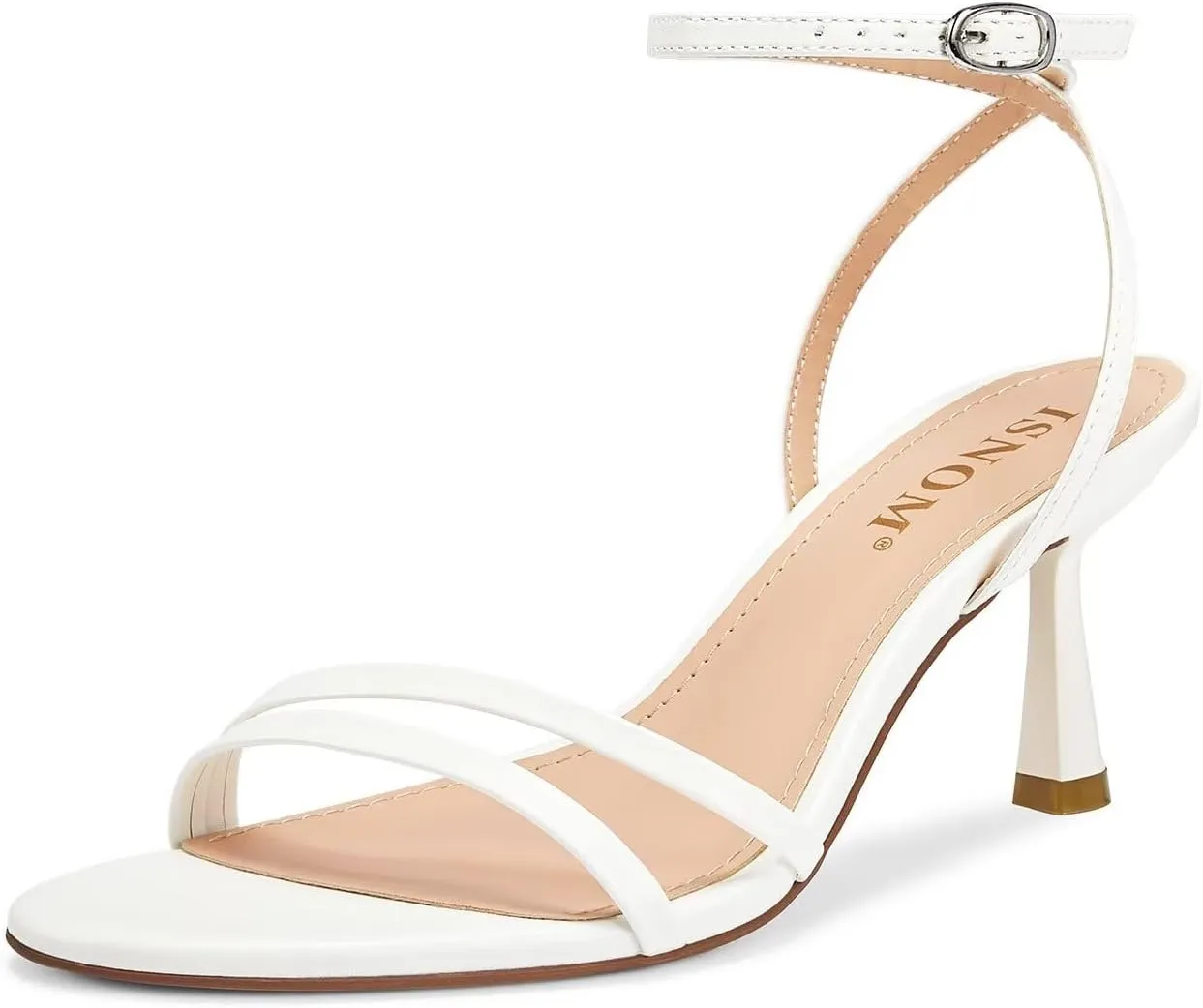 ISNOM Womens Sandals Round Toe Low Heels Strappy Ankle Strap Kitten Heel Comfort Dress Party Shoes
