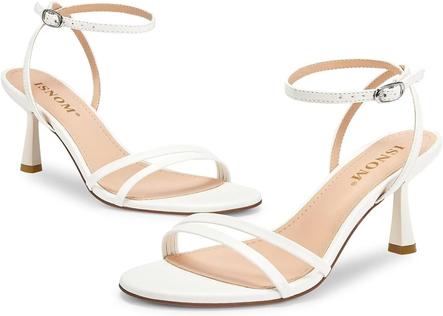 ISNOM Womens Sandals Round Toe Low Heels Strappy Ankle Strap Kitten Heel Comfort Dress Party Shoes