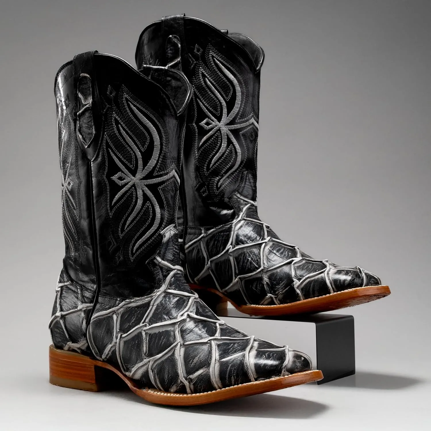 Joe Boots 708 Exotic Pirarucu Leather Print Men's Embroidered Square Toe Cowboy/Rodeo Boots Leather outsole
