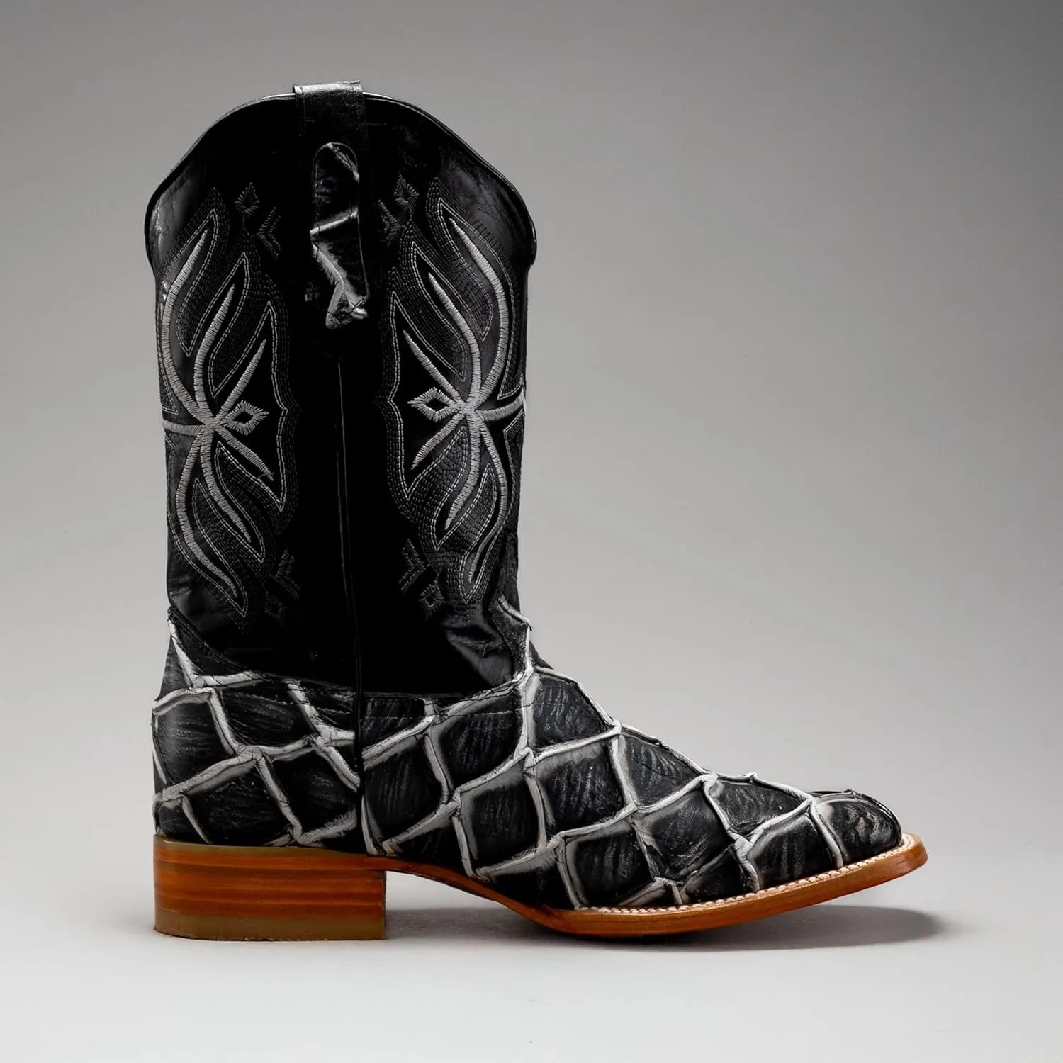 Joe Boots 708 Exotic Pirarucu Leather Print Men's Embroidered Square Toe Cowboy/Rodeo Boots Leather outsole