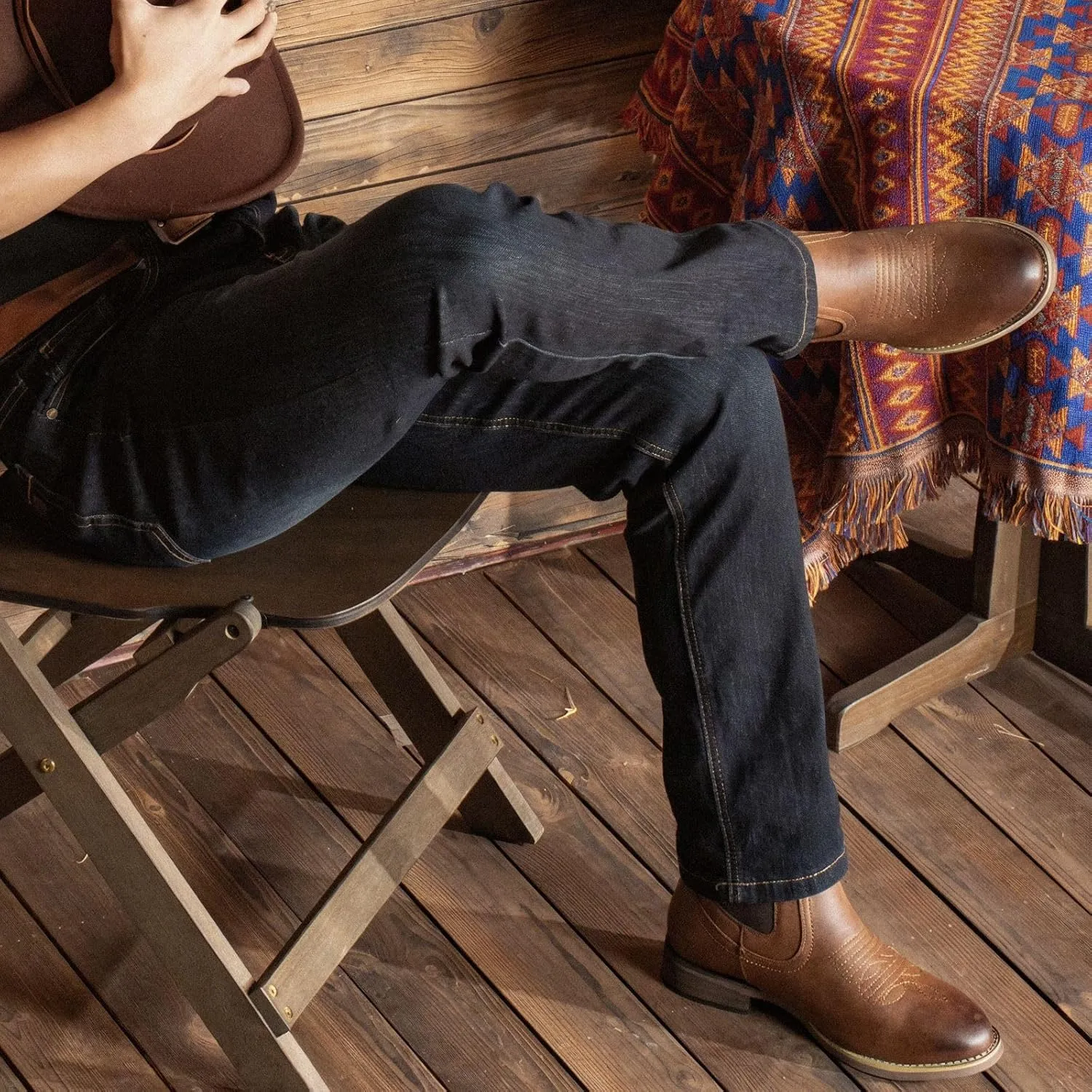 J's.o.l.e Chelsea Cowboy Boots for Men Western Round Toe Leather Dress Casual Work Ankle Boots Brown