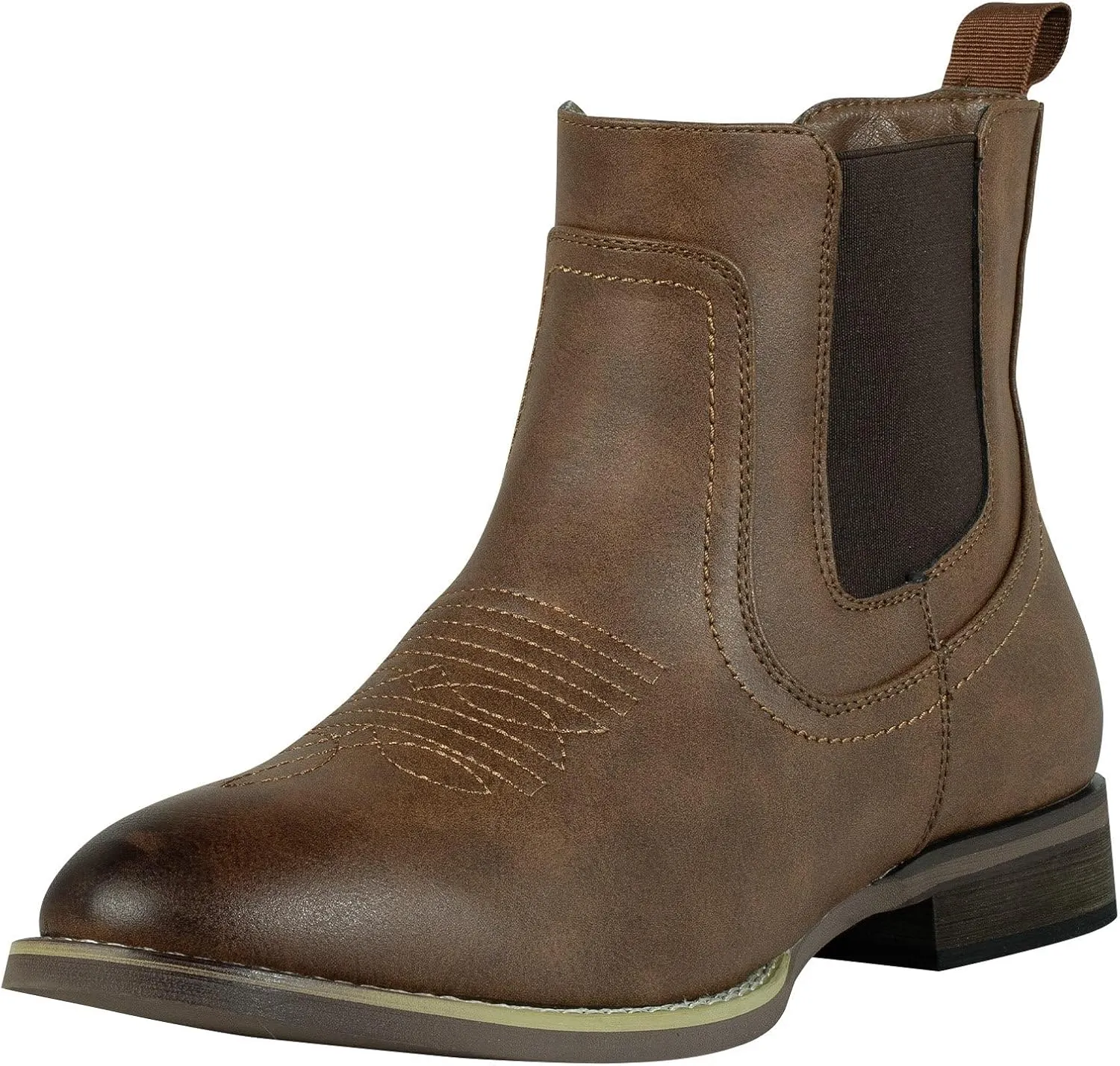 J's.o.l.e Chelsea Cowboy Boots for Men Western Round Toe Leather Dress Casual Work Ankle Boots Brown
