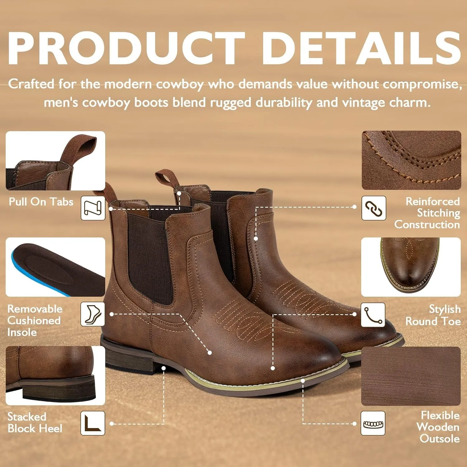 J's.o.l.e Chelsea Cowboy Boots for Men Western Round Toe Leather Dress Casual Work Ankle Boots Brown