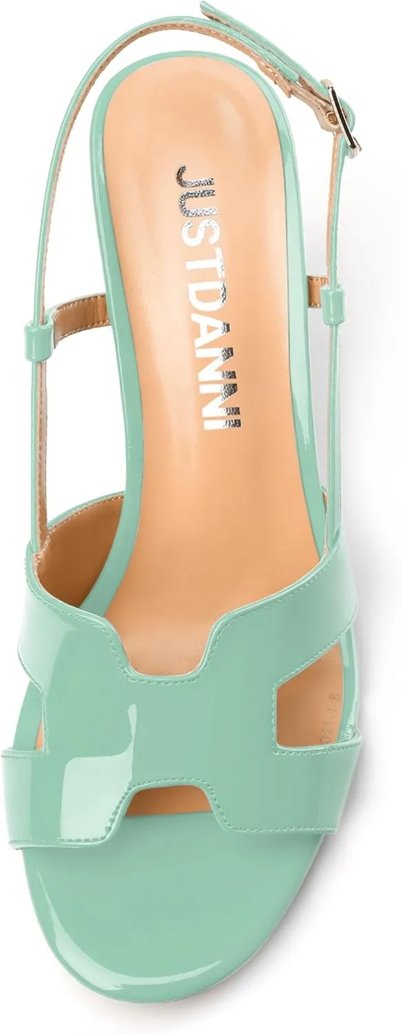 JUSTDANNI Women Slingback Strappy Dress Sandals Square Open Toe Patent Heeled Sandals Low kitten Heels for Women Comfortable Casual