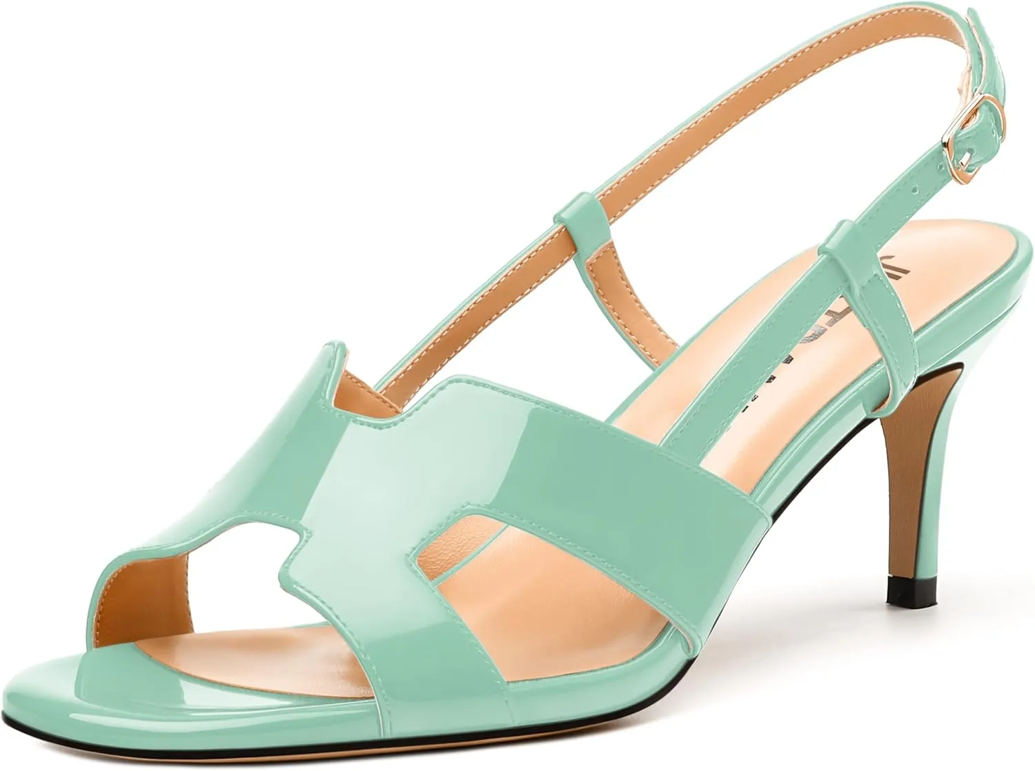 JUSTDANNI Women Slingback Strappy Dress Sandals Square Open Toe Patent Heeled Sandals Low kitten Heels for Women Comfortable Casual