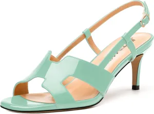JUSTDANNI Women Slingback Strappy Dress Sandals Square Open Toe Patent Heeled Sandals Low kitten Heels for Women Comfortable Casual