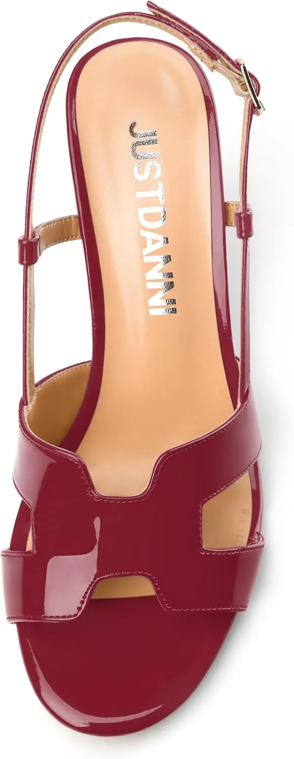 JUSTDANNI Women Slingback Strappy Dress Sandals Square Open Toe Patent Heeled Sandals Low kitten Heels for Women Comfortable Casual