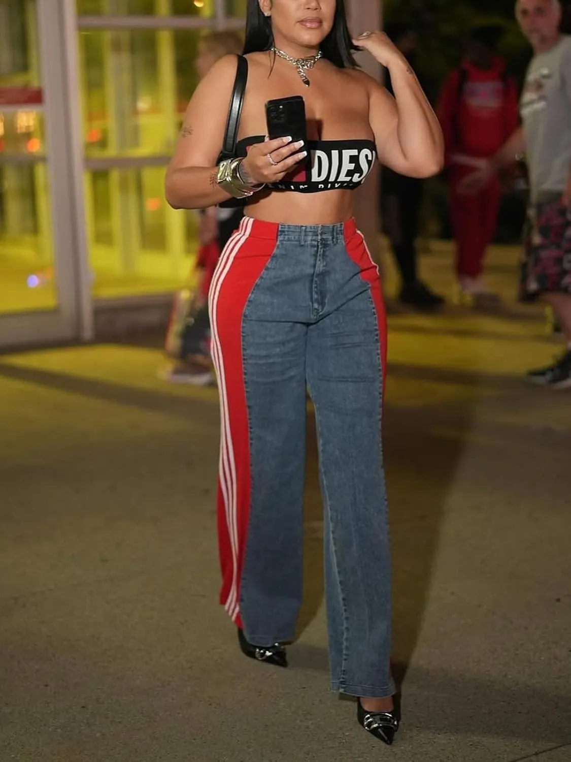 KANSOON Womens Jeans with Stretchy High Waisted Wide Leg Colorblock Patchwork Striped Trendy Streetwear Pants