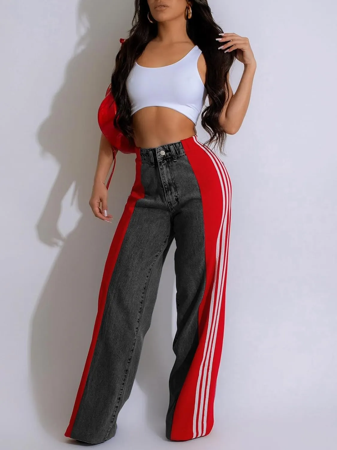 KANSOON Womens Jeans with Stretchy High Waisted Wide Leg Colorblock Patchwork Striped Trendy Streetwear Pants