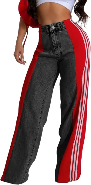 KANSOON Womens Jeans with Stretchy High Waisted Wide Leg Colorblock Patchwork Striped Trendy Streetwear Pants