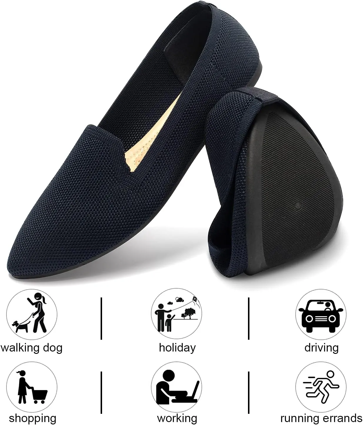 katliu Women's Flats Knit Comfort Pointed Toe Ballet Flats Shoes Casual Slip On Shoes