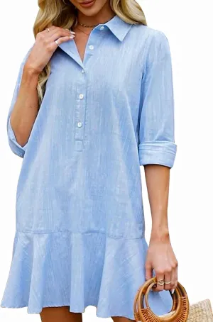 Kedera Women‘s Tunic Shirt Mini Dress Long Sleeves Short Dress Button Up Ruffle Hem Shift Dresses with Pockets