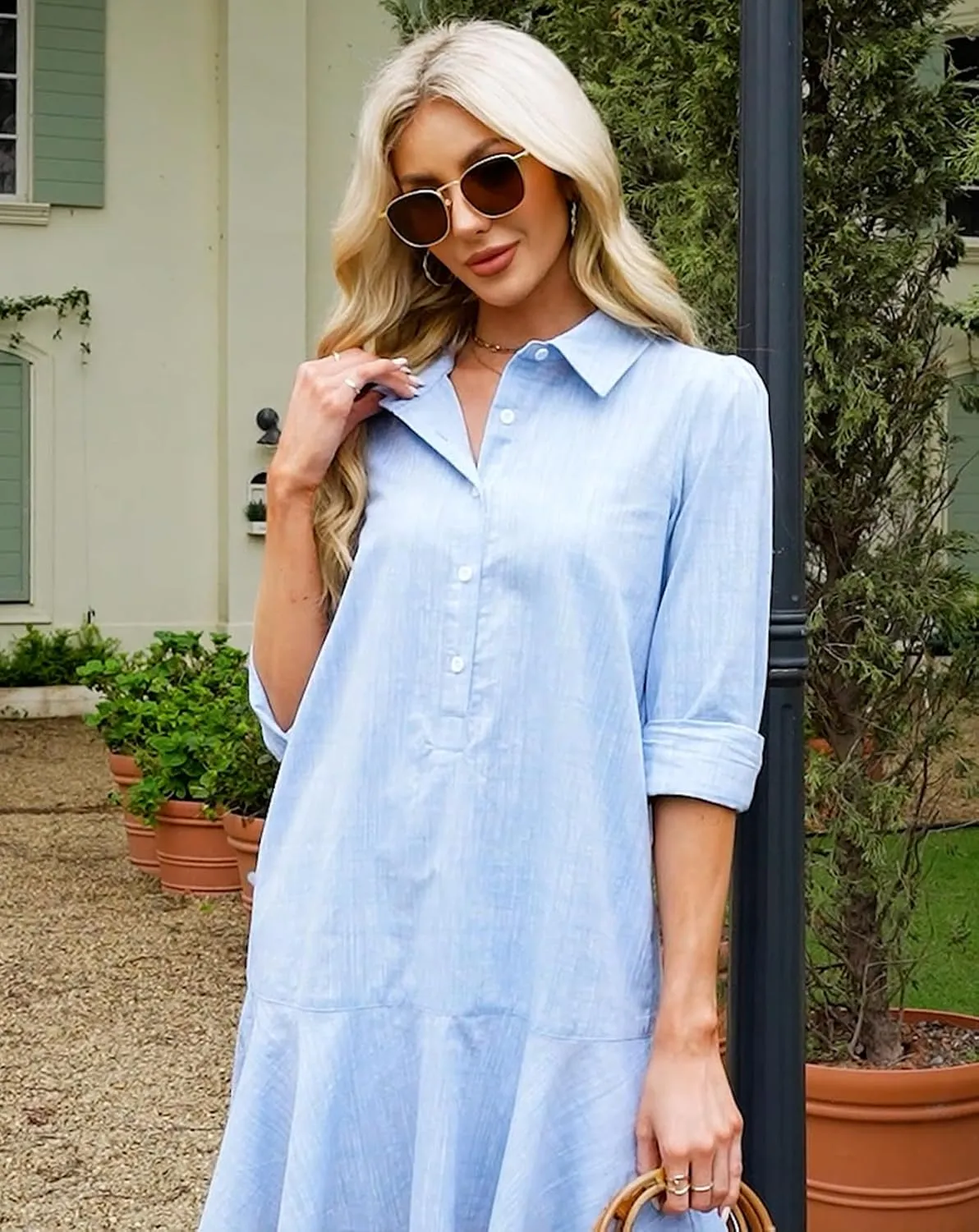 Kedera Women‘s Tunic Shirt Mini Dress Long Sleeves Short Dress Button Up Ruffle Hem Shift Dresses with Pockets