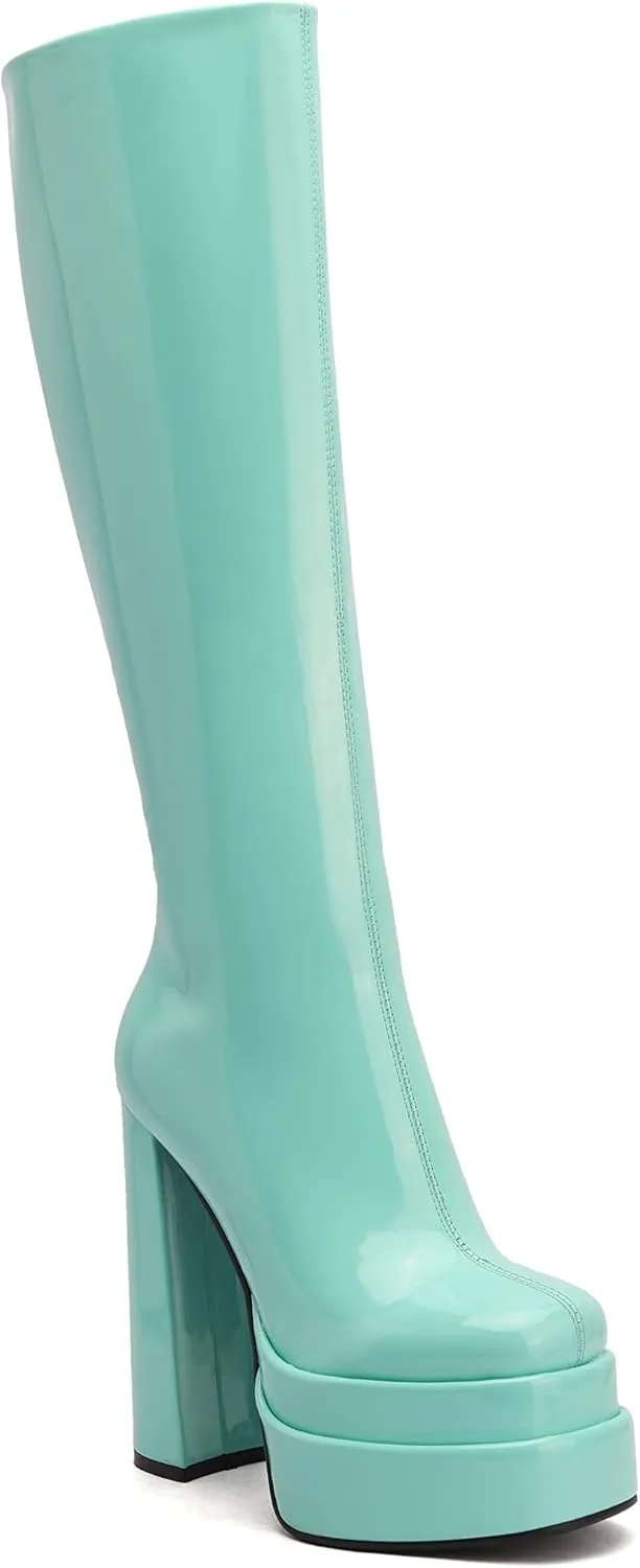 keleimusi Womens Chunky Platform Boots Knee High Block Heels Square Toe Tall Shoes