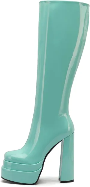 keleimusi Womens Chunky Platform Boots Knee High Block Heels Square Toe Tall Shoes