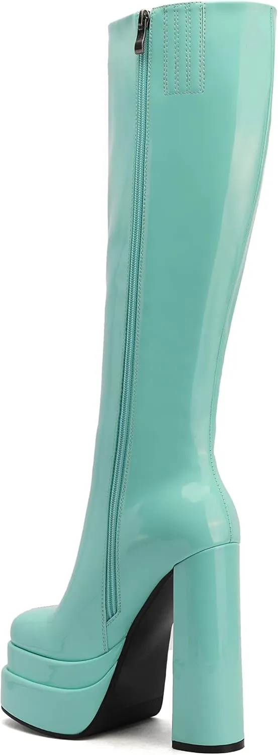 keleimusi Womens Chunky Platform Boots Knee High Block Heels Square Toe Tall Shoes