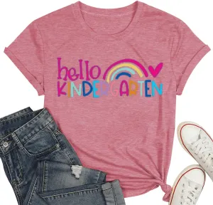 Kindergarten Teacher Shirts for Women Rainbow Kindergarten Teacher T-Shirt Hello Kindergarten Tee Tops