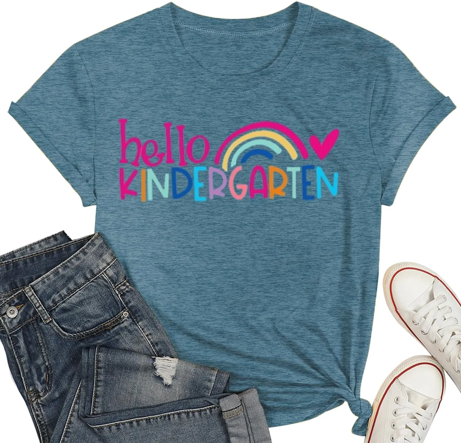 Kindergarten Teacher Shirts for Women Rainbow Kindergarten Teacher T-Shirt Hello Kindergarten Tee Tops