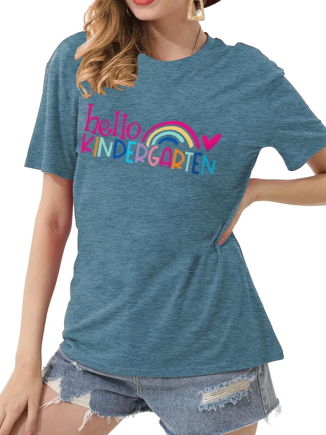 Kindergarten Teacher Shirts for Women Rainbow Kindergarten Teacher T-Shirt Hello Kindergarten Tee Tops