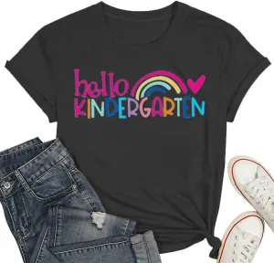 Kindergarten Teacher Shirts for Women Rainbow Kindergarten Teacher T-Shirt Hello Kindergarten Tee Tops