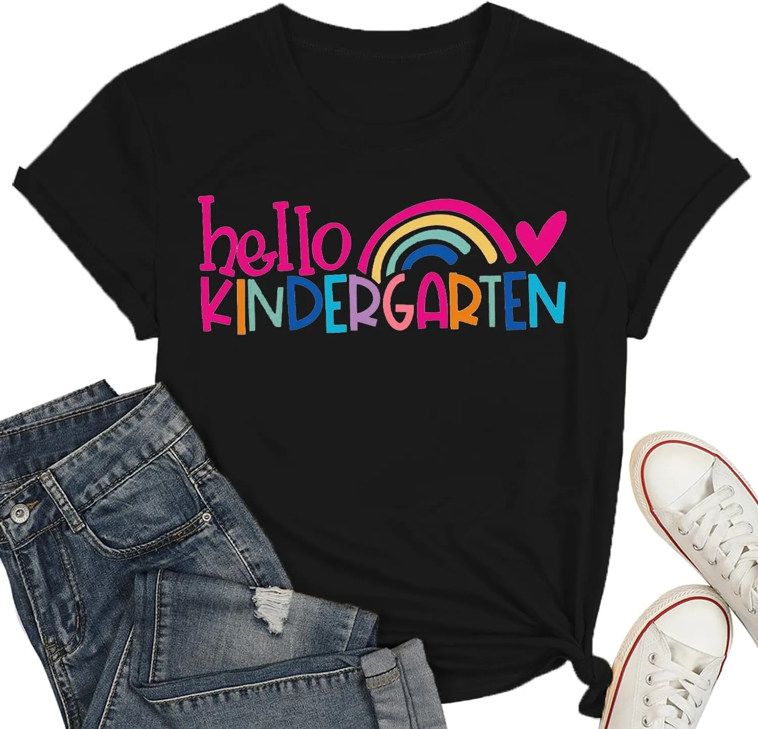 Kindergarten Teacher Shirts for Women Rainbow Kindergarten Teacher T-Shirt Hello Kindergarten Tee Tops