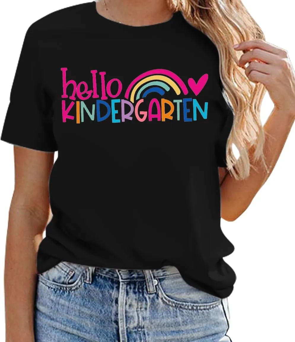 Kindergarten Teacher Shirts for Women Rainbow Kindergarten Teacher T-Shirt Hello Kindergarten Tee Tops