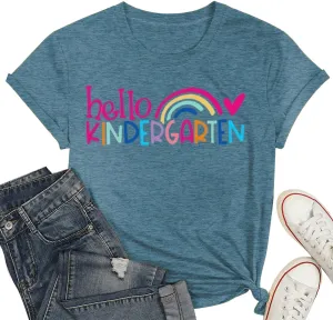 Kindergarten Teacher Shirts for Women Rainbow Kindergarten Teacher T-Shirt Hello Kindergarten Tee Tops